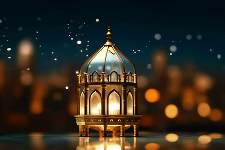 A golden lantern with intricate designs sits on a table in front of a blurred cityscape lit up at...