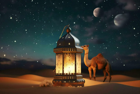 A lantern glows brightly in the desert night, illuminating the sand and sky. A camel stands nearby, casting a silhouette against the starry backdrop.の写真素材