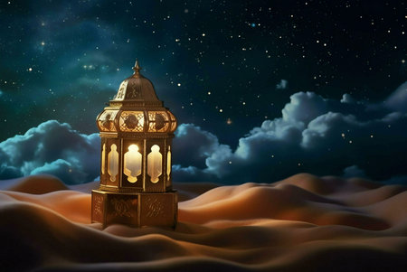 A golden lantern glows brightly against a backdrop of a starry night sky and clouds, evoking a sense of peace and spirituality. The lantern sits in a desert landscape, creating a beautiful and symbolic scene.の写真素材