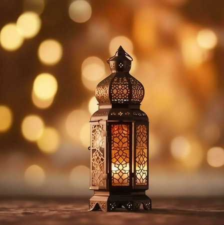An ornate metal lantern with candles glowing inside. The warm light creates a cozy atmosphere, perfect for the Ramadan holiday.の写真素材