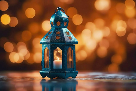 A close-up shot of a blue lantern with golden stars and a lit candle inside, set against a warm, bokeh background. The lantern's design exudes a sense of tradition, faith, and warmth.の写真素材