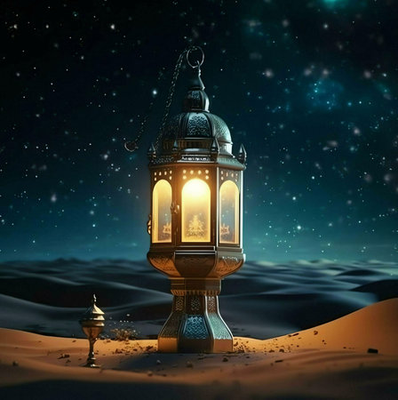An ornate lantern stands tall, illuminating the desert sands under a breathtaking starry sky. It...