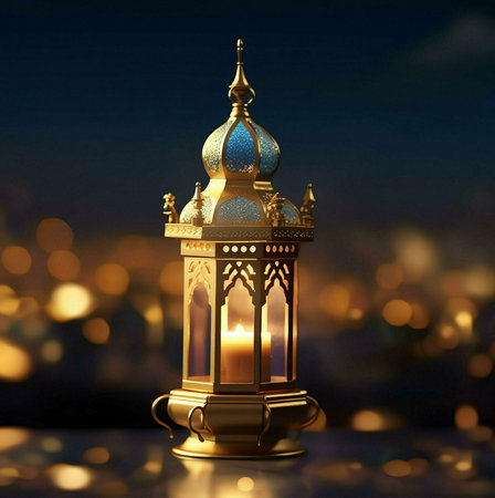 A golden ornate lantern with a lit candle inside, against a background of bokeh lights.