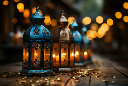 Close-up of ornate lanterns with candles illuminating a wooden table, creating a warm and festive atmosphere.の写真素材