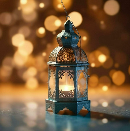 A close-up of a traditional Ramadan lantern with intricate designs and a glowing candle inside, set against a warm and blurred background of golden lights.の写真素材