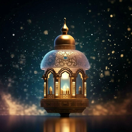 A golden lantern, lit with candles, decorated with intricately Islamic patterns. The lantern is set against a dark background with a subtle sparkling effect. The image evokes a sense of peace and spirituality, perfect for celebrating Ramadan.の写真素材