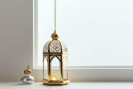 A golden ornamental lantern hangs by a window, illuminated by a flickering candle inside. The intricately designed and warm glow create an inviting and festive atmosphere.の写真素材