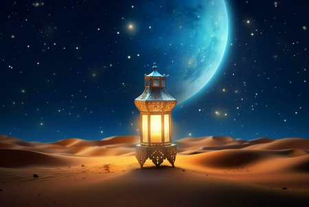 A glowing lantern stands in the middle of a desert landscape under a night sky filled with stars and...