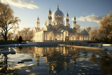 A stunning white mosque with golden accents, reflected in a tranquil lake, surrounded by snow-covered trees. The image showcases the beauty and serenity of Islamic architecture.の写真素材