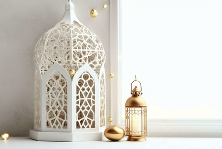 A beautiful ornate lantern and golden decorations on a white windowsill.