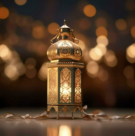 A golden Ramadan lantern with intricate designs, illuminated by a warm candlelight, against a...