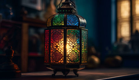 A close-up of a colorful, ornate lantern glowing in a warm interior. The lantern has intricate patterns and is made of glass and metal, casting a soft light.の写真素材