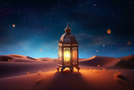 A traditional lantern glows brightly in the vast and dark desert, illuminated by the light of a thousand stars.の写真素材