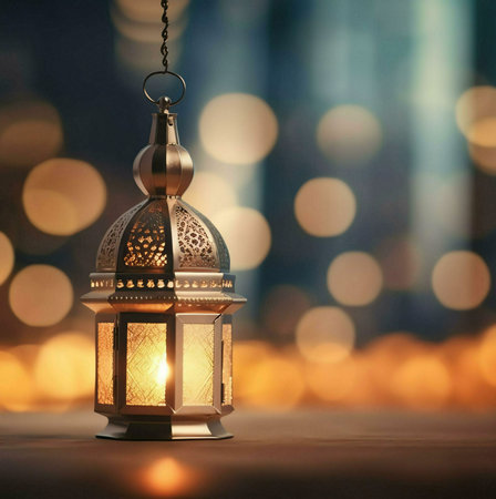 A beautiful golden lantern with intricate design, glowing warmly with a candle inside. The lantern...