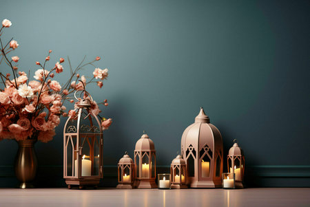 A beautiful still life showcasing a group of lanterns with lit candles and a vase with pink flowers against a teal wall.の写真素材