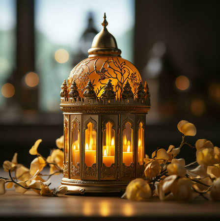 A close-up of an ornate gold lantern with lit candles inside, creating a warm and inviting atmosphere. The lantern's design intricately and glowing candles add a touch of elegance and beauty to the scene.の写真素材