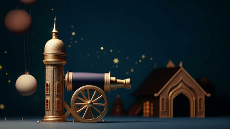 A golden cannon and mosque miniature on a dark blue background with stars.