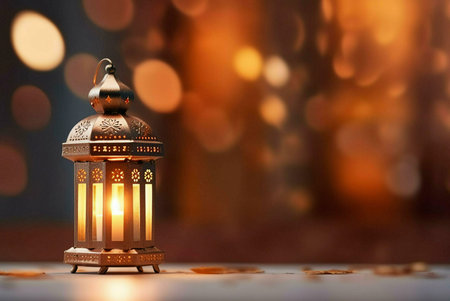 A golden lantern with details intricately glows warmly against a blurred background of bokeh lights.の写真素材