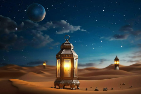 A glowing lantern stands tall in the middle of a vast desert, bathed in the soft light of the moon and stars. The night sky is a canvas of twinkling stars, reflecting off the golden sand dunes.の写真素材