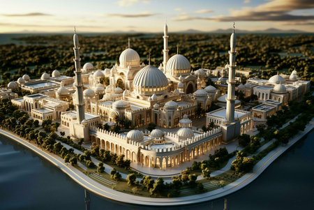 A stunning aerial view of a grand mosque complex, with its intricate architecture and serene setting.の写真素材