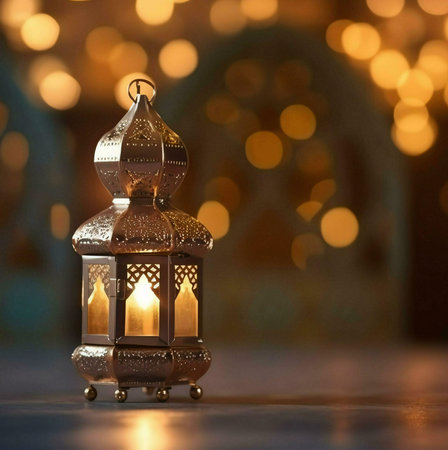A beautifully crafted ornate lantern with a warm glow illuminates a darkened room. The lantern...