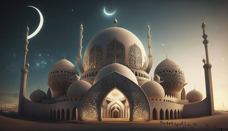 A breathtaking night view of the Sheikh Zayed Grand Mosque in Abu Dhabi, UAE, showcasing its...