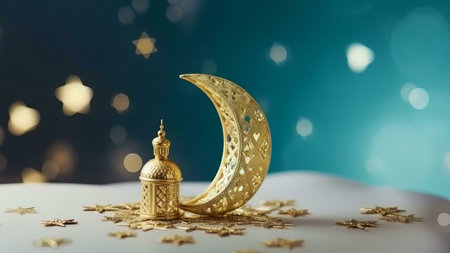 A golden crescent moon and a decorative lantern with intricate details set against a teal background...