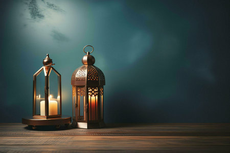 Two ornate golden lanterns with lit candles stand on a wooden table against a dark blue background, creating a serene and warm ambiance.の写真素材