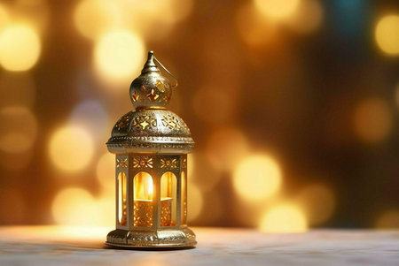 A golden Ramadan lantern with intricate designs, illuminated by a candle, against a backdrop of warm...