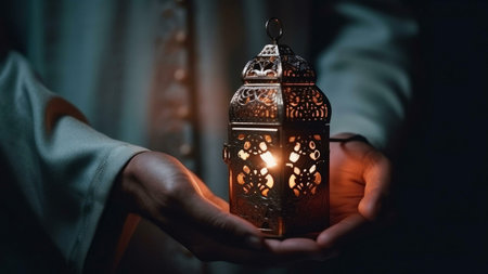 A person holds a lit lantern with intricate metalwork, radiating warm light against a dark background.の写真素材