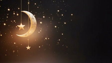 A golden crescent moon hangs in a dark sky, illuminated by twinkling stars. The moon is embellished with a star and adorned with strings.の写真素材