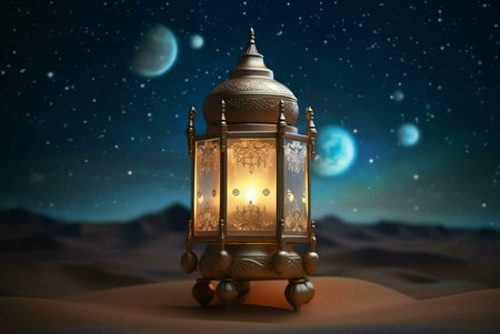 A golden lantern with intricate carvings stands in a desert landscape under a star-filled sky. The lantern is lit, casting a warm glow against the dark backdrop.の写真素材