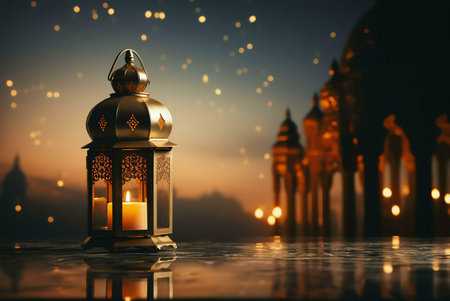 A golden Ramadan lantern with a lit candle inside stands on a reflective surface, with a blurry...