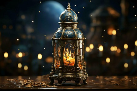 An ornate, golden lantern with a flickering candle inside, illuminating a dark, magical setting with its warm glow. The lantern's design is intricately highlighted by the light, creating a stunning contrast with the surrounding darkness.の写真素材