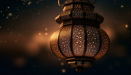 A close-up of a beautiful, ornate lantern against a dark starry sky, perfect for Ramadan and Islamic...