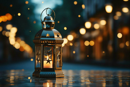 A golden lantern with a lit candle inside, placed on a dark surface. The lantern is surrounded by...