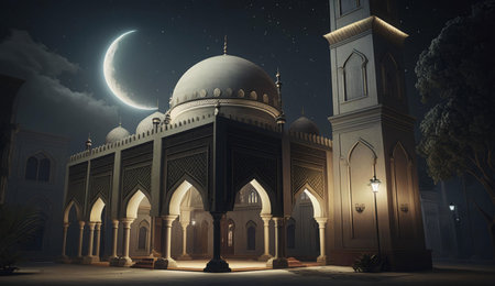 A mosque with its dome illuminated under a crescent moon in a night sky filled with stars.の写真素材