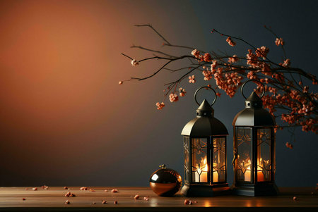 Two antique lanterns with glowing candles are placed on a wooden table, surrounded by delicate branches of blossoms. The warm glow of the candles creates a cozy atmosphere and the soft light casts shadows on the table and the flowers.の写真素材