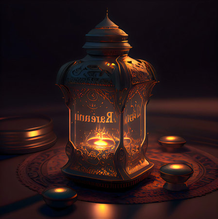 A golden ornate lantern with intricate detailing, lit by a single candle, sits on a table in a dark setting. The lantern casts a warm glow on the surrounding area.の写真素材