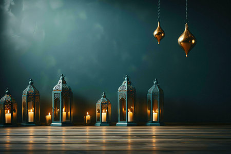A row of decorative lanterns with intricate patterns stand on a wooden surface, illuminated by warm candlelight.の写真素材