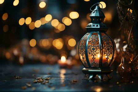 A close-up shot of an ornate lantern with a candle inside, glowing softly against a background of warm bokeh lights. The intricate metal design and warm glow create a cozy and mystical ambiance.の写真素材