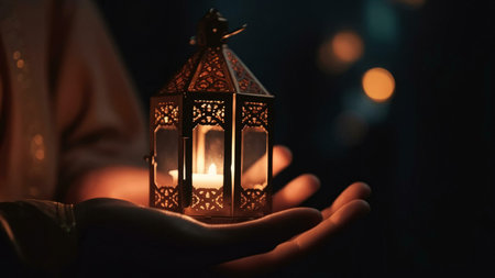 A close-up of a hand holding a lit lantern. The lantern is made of metal and has a warm, inviting glow.の写真素材