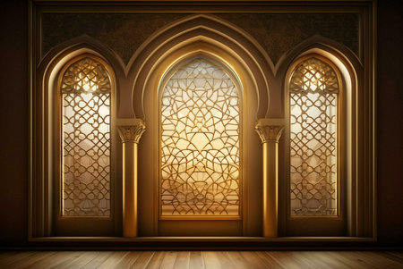 A close-up of three intricately designed windows in an Islamic architectural setting. The windows are adorned with intricately patterns and gold accents. The room is dimly lit, creating a sense of mystery and grandeur.の写真素材