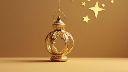 A golden Ramadan lantern with intricate designs hangs against a warm brown background, adorned with stars. The lantern is a symbol of hope and faith during the holy month.の写真素材