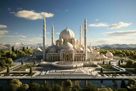 A majestic mosque with intricate details and a grand design, showcasing the beauty of Islamic architecture.の写真素材