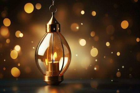 A golden lantern with a lit candle inside, creating a warm glow against a bokeh background.