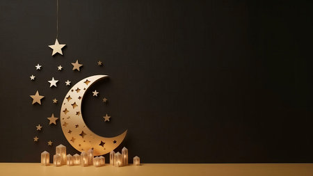 Golden crescent moon with cutout stars, hanging against a black background with small lights at the bottom.の写真素材