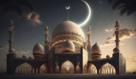 A majestic mosque standing tall under a starlit sky, illuminated by the glow of the crescent moon....