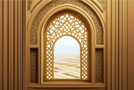 A close-up image of an intricately golden archway with a view of a desert landscape. The arch features a detailed design with a traditional Islamic pattern.の写真素材