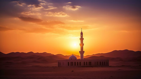 A mosque stands tall against the backdrop of a stunning desert sunset. The silhouette of the minaret and the mosque against the vibrant orange sky creates a powerful image of faith and spirituality.の写真素材